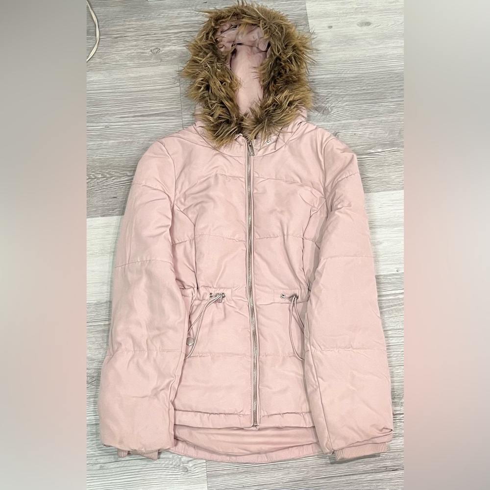 Divided Pink Puffer Jacket with Faux Fur Trim